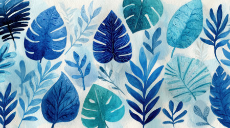 Colorful leaves in various shades of blue fill the space exuding a tranquil vibe of nature and art.の素材