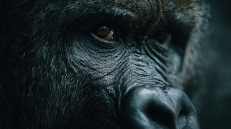 A powerful gorilla gazes intensely revealing its wise and emotional nature in the fading light.の素材
