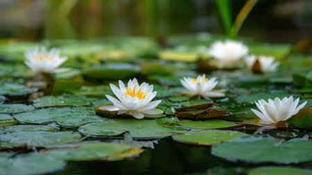 White water lilies float gracefully on green lily pads in a peaceful pond under bright sunlight.の素材