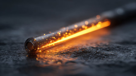 A glowing wand lights up the dark stone with warm sparkles during twilight hours.の素材