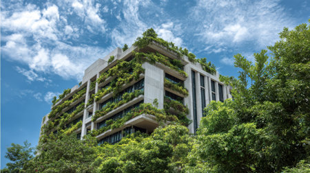 A stunning building features vibrant plants and trees integrating nature with modern design on a sunny day.の素材