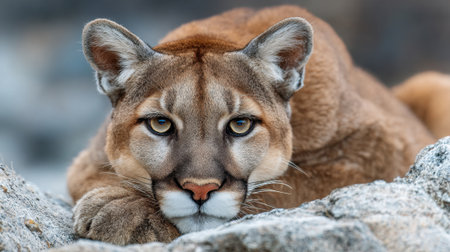A calm mountain lion lies on smooth rocks observing its surroundings with keen eyes relaxing peacefully.の素材