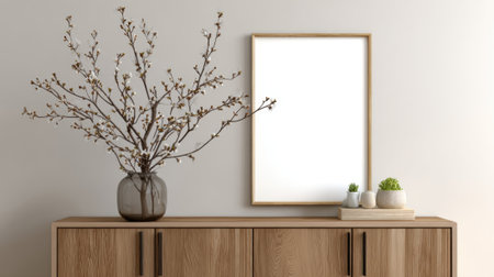 A stylish wooden cabinet showcases a glass vase with blooming branches and potted plants.の素材