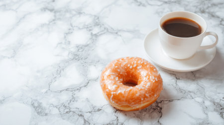 A warm glazed donut sits next to a cup of steaming black coffee on a stylish marble surface.の素材
