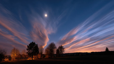 Vibrant clouds stretch across the evening sky as a bright moon illuminates the tranquil scene.の素材