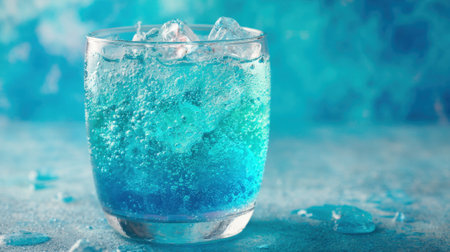 A vibrant blue drink with bubbles sits on a cool surface surrounded by ice cubes evoking a summer vibe.の素材