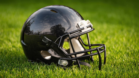 A sleek black football helmet rests on vibrant green grass glistening in the sun during practice.の素材