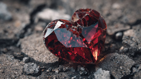 A bright red heart shaped gem lies among gray rocks capturing the last light of day.の素材