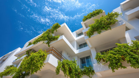 Sunlight reflects off modern buildings adorned with lush green plants creating a serene atmosphere.の素材