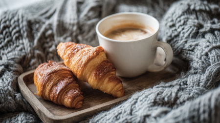Savoring freshly baked croissants with a warm cup of coffee while wrapped in a soft blanket.の素材