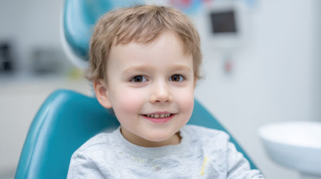 Young boy smiles brightly in the dentists chair feeling comfortable and relaxed during his visit.の素材