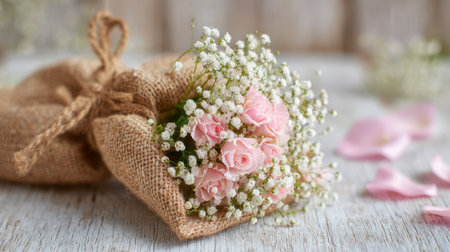 A charming bouquet of pink roses with white babys breath is beautifully wrapped in burlap for a rustic look.の素材