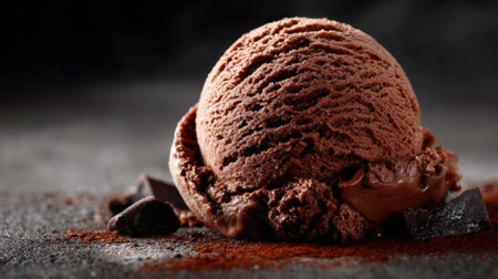 A rich chocolate ice cream scoop sits elegantly surrounded by chocolate pieces and dust.の素材