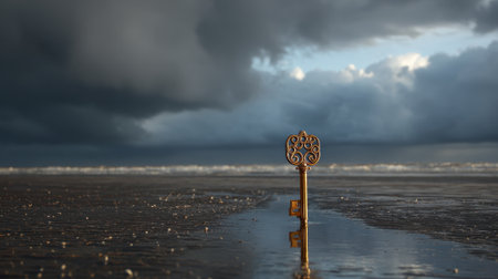 A vintage key rests in shallow water on the beach as dark clouds gather above at dusk.の素材