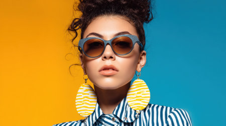 Young woman wears fashionable sunglasses striped shirt and bold earrings in a vibrant setting full of colors.の素材