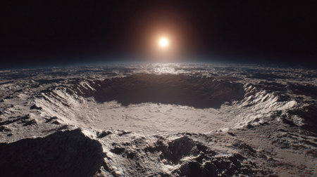 Stunning view of a large crater on the lunar surface illuminated by the rising sun casting shadows.の素材