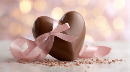 A heart shaped chocolate is beautifully tied with a pink ribbon on a soft surface evoking love.の素材