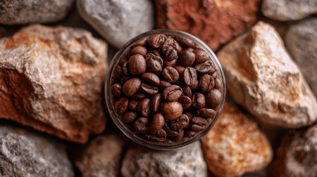 Freshly roasted coffee beans fill a glass jar placed among textured stones inviting a natural vibe.の素材