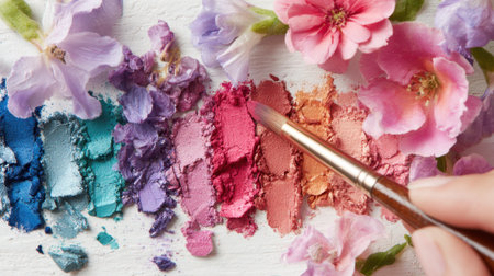 Soft pastel colors of powder blend beautifully with fresh blossoms creating an artistic display.の素材