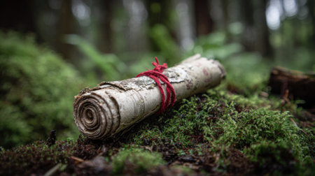A rolled ancient scroll tied with red string lies on rich green moss in a serene forest.の素材