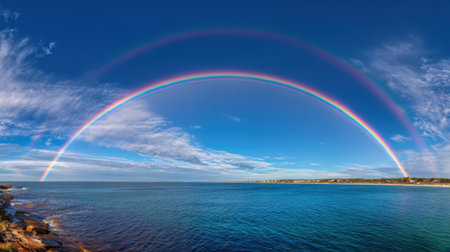 A stunning double rainbow stretches across a bright blue sky above calm ocean waters creating a magical scene.の素材