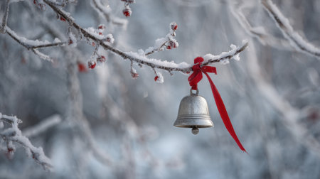 A delicate bell hangs from a frosted branch surrounded by snow and bright red berries creating a serene winter scene.の素材
