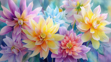 A stunning arrangement of blooming flowers showcases shades of pink yellow and blue bringing joy to the garden.の素材