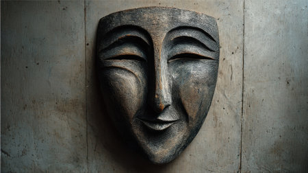 A beautifully crafted wooden mask with intricate details showcases a calm smile hanging against a concrete wall.の素材