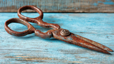 Old scissors displaying rust and wear sit on a beautifully aged blue wooden table.の素材