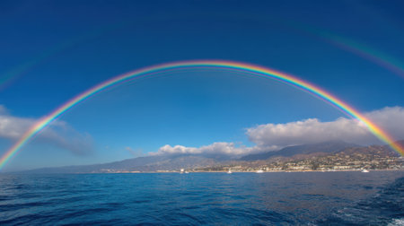 A stunning rainbow stretches across the sky above the tranquil sea with a coastal town visible nearby.の素材