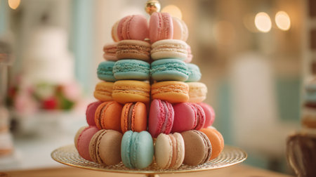 Delightful selection of macarons stacked beautifully at a festive gathering in a bakery.の素材
