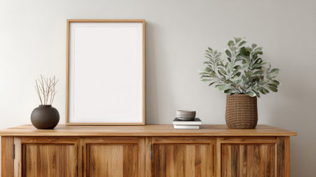 Natural tones combine in a cozy room featuring wooden furniture decorative plants and art space.の素材