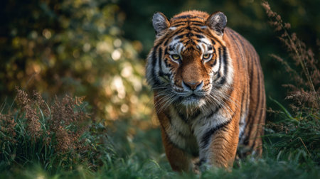 A powerful tiger moves gracefully through dense greenery sunlight glinting off its fur as it explores.の素材