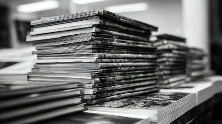 A collection of neatly arranged magazines sits on a table showing various covers and textures.の素材