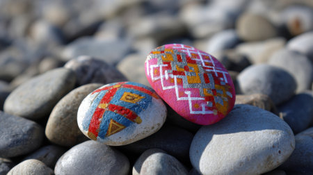 Vibrant hand painted stones sit beautifully on a bed of smooth pebbles under sunlight.の素材