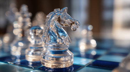 A close up view of elegant glass chess pieces on a blue board softly lit inviting a strategic game.の素材