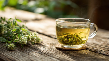 A warm cup of herbal tea sits on a wooden table with fresh herbs beside it creating a cozy atmosphere.の素材