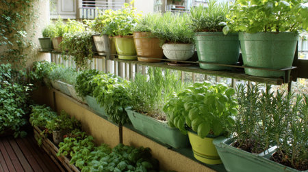 Lush green herbs grow in pots along a balcony railing thriving under warm sunlight.の素材