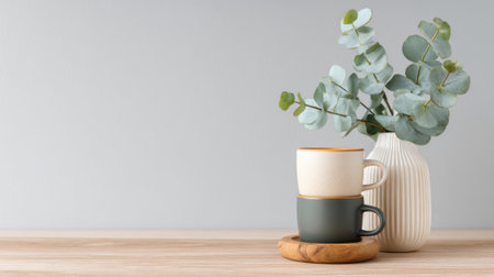 Stacked ceramic mugs beside a stylish vase filled with fresh eucalyptus leaves create a serene space.の素材