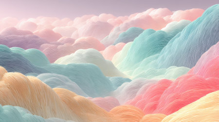 A landscape of fluffy pastel clouds spreads across the sky evoking a sense of calm and wonder.の素材