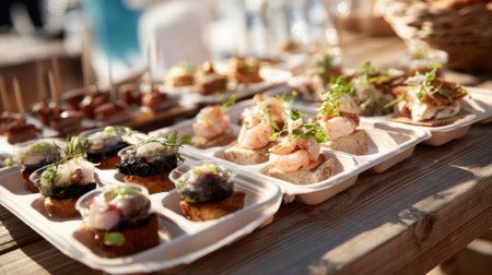Delicious seafood and tapas served beautifully on a wooden table at a lively outdoor gathering.の素材