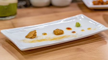 A carefully arranged plate displays a variety of sauces and garnishes showcasing culinary artistry.の素材