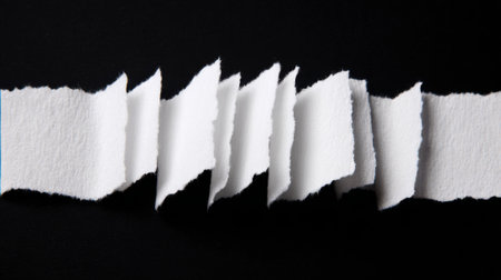 Strips of white paper are artistically torn and arranged creating a striking contrast with a black backdrop.の素材