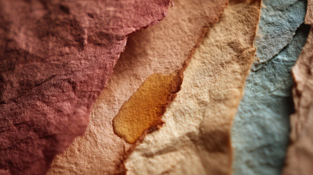 Various sheets of handmade paper showcase rich colors and textures creating an artistic display.の素材