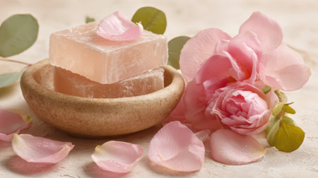 Soft pink soap rests besides blooming roses and scattered petals inviting relaxation and pampering.の素材