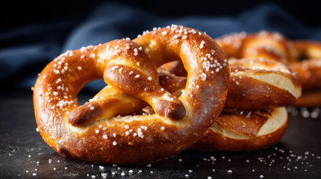 Soft and warm pretzels rest on a dark surface glistening with coarse salt invitingly fresh.の素材