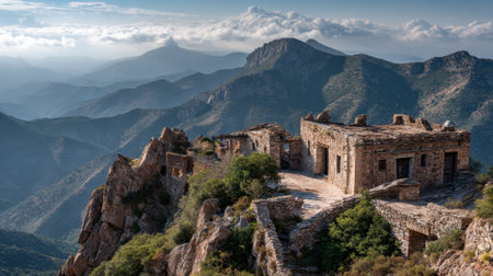 On a rugged mountain peak ancient stone ruins overlooking distant hills under a dramatic sky.の素材