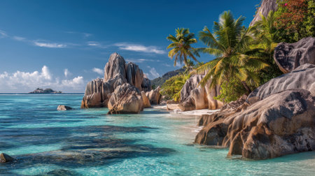 Bright blue skies meet soft white sands at a serene beach in Seychelles with palm trees swaying.の素材