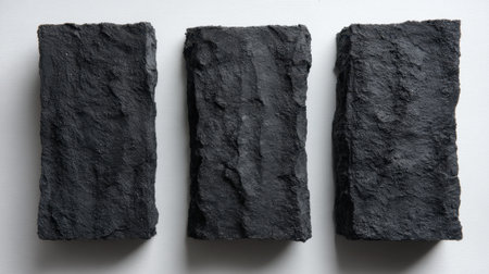 Three distinct stone blocks with rough textures create a striking visual on a light surface.の素材