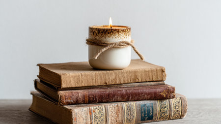 Warm candlelight glows from a ceramic holder resting on a stack of vintage books creating a serene atmosphere.の素材